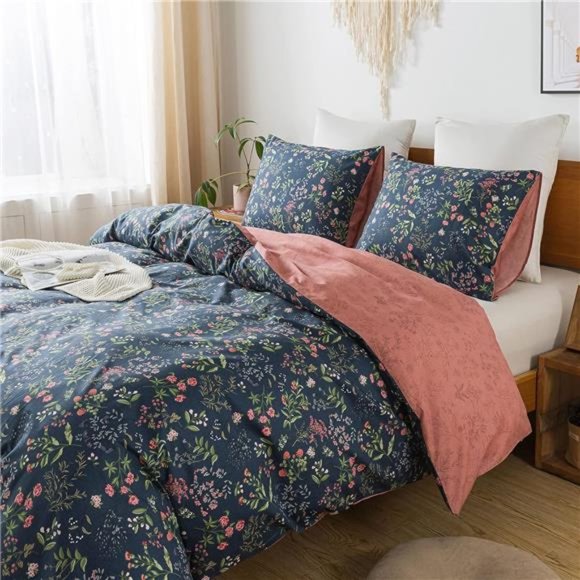 Queen Duvet Cover Set - 100% Cotton Floral Duvet Soft & Breathable with Zipper - Picture 1 of 8